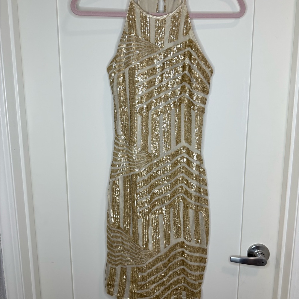 Elegant Gold Sequin Halter Mini Dress